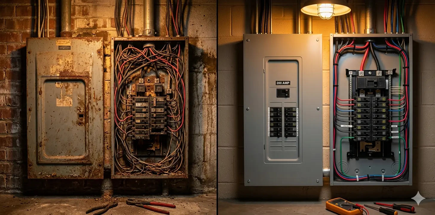 Before and after 200-amp electrical panel upgrade in Billings MT Heights home