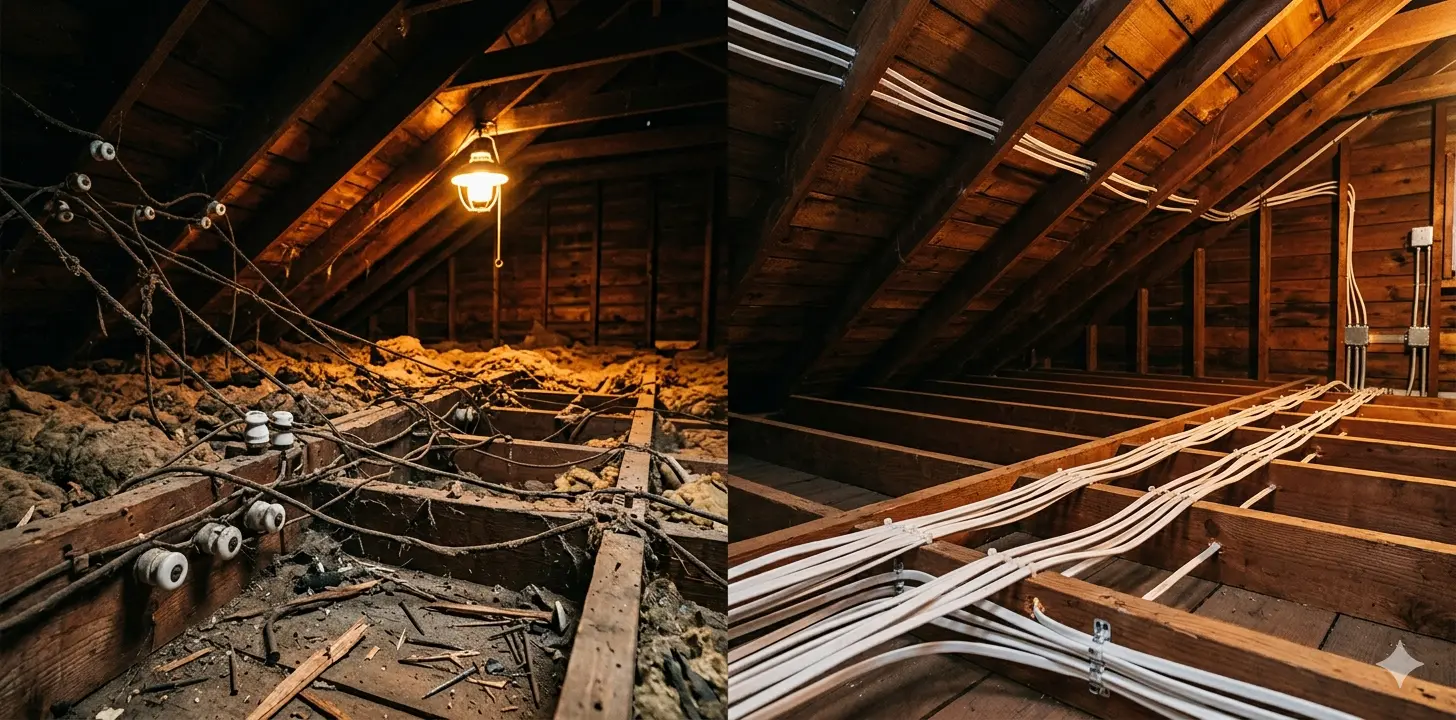 Before and after knob-and-tube rewiring in Downtown Billings MT older home